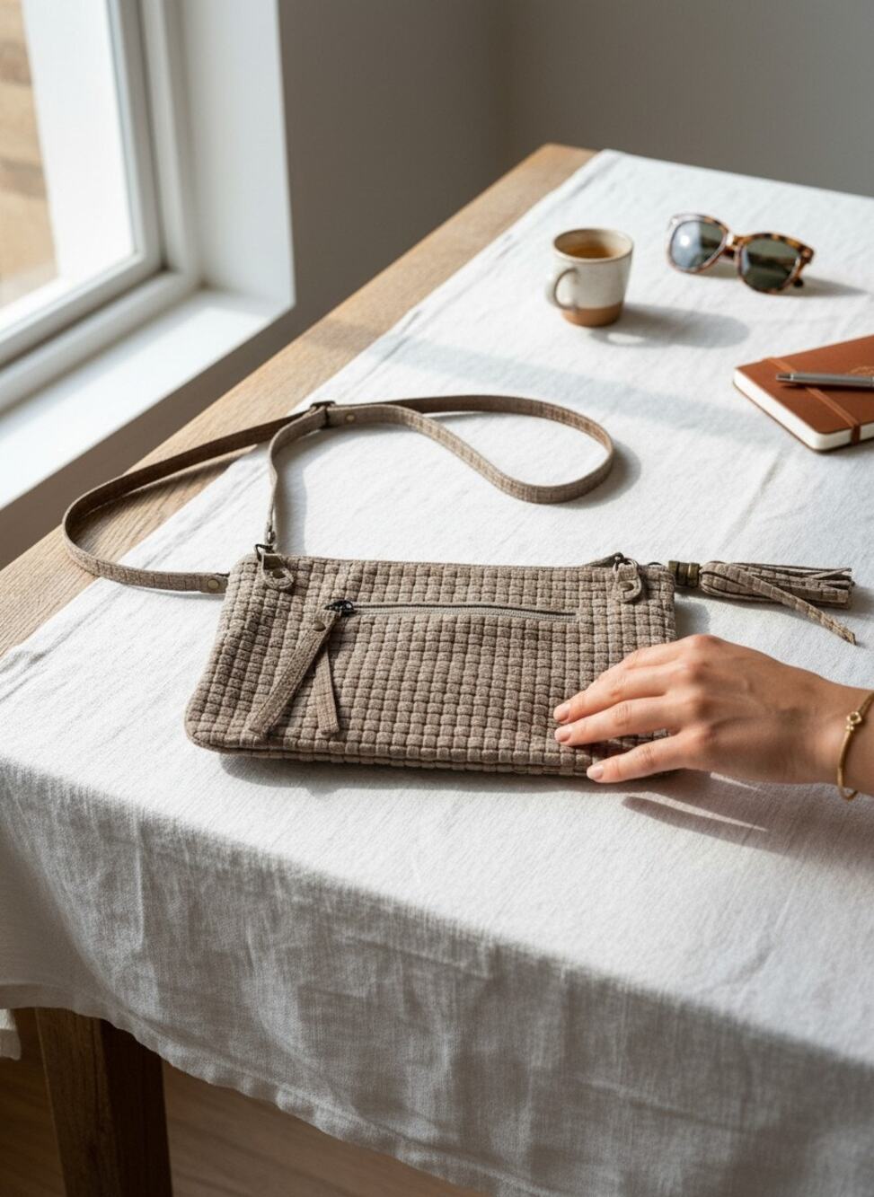 Genuine Leather Italy Woven Suede Crossbody Clutch Wristlet Taupe